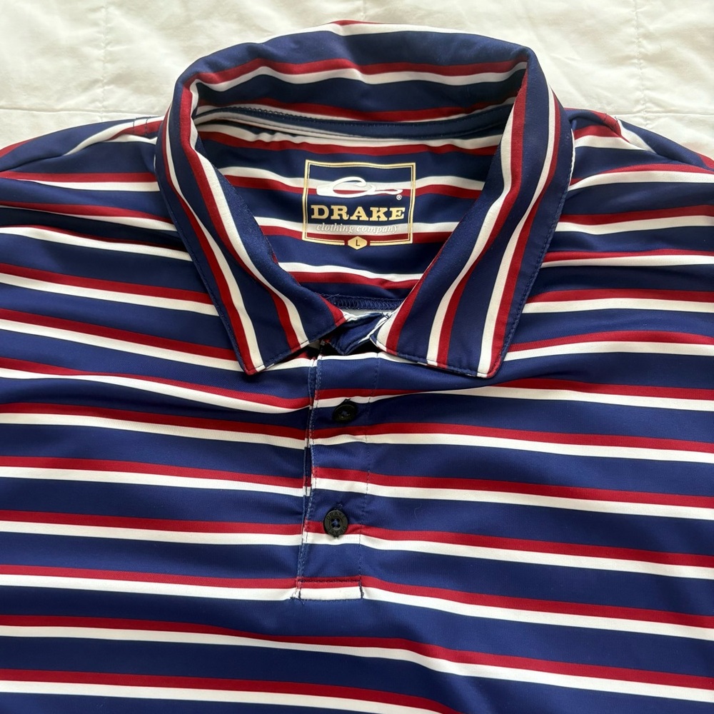 Drake Men's Polo Shirt - Navy, Red, and White Stripes
